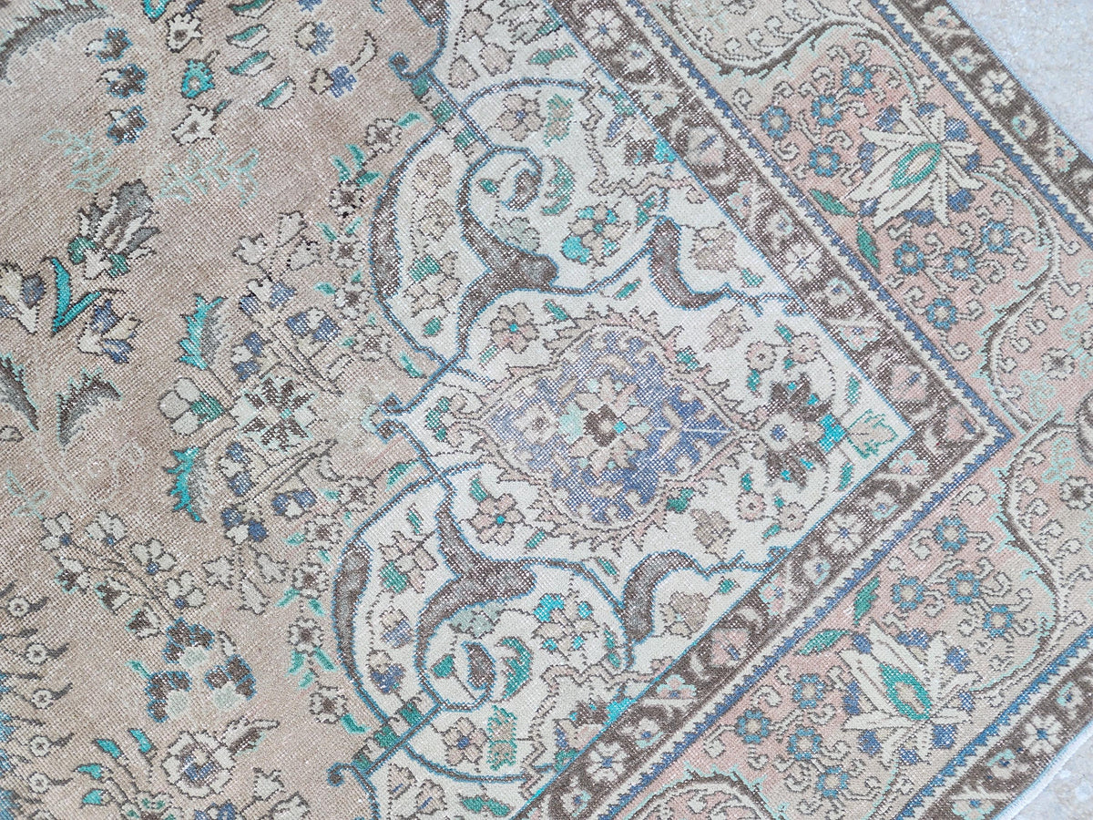 Vintage Neutral Area Rug 9x13: Persian Medallion Design, Brown and Green