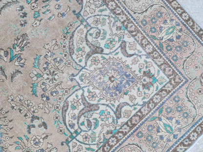 Vintage Neutral Area Rug 9x13: Persian Medallion Design, Brown and Green