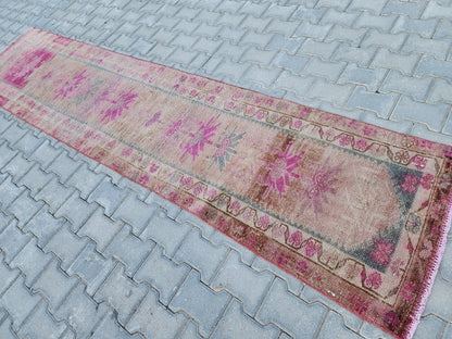 Hand Woven Wool Runner Rug 2x11: Vintage Turkish Herki Rug