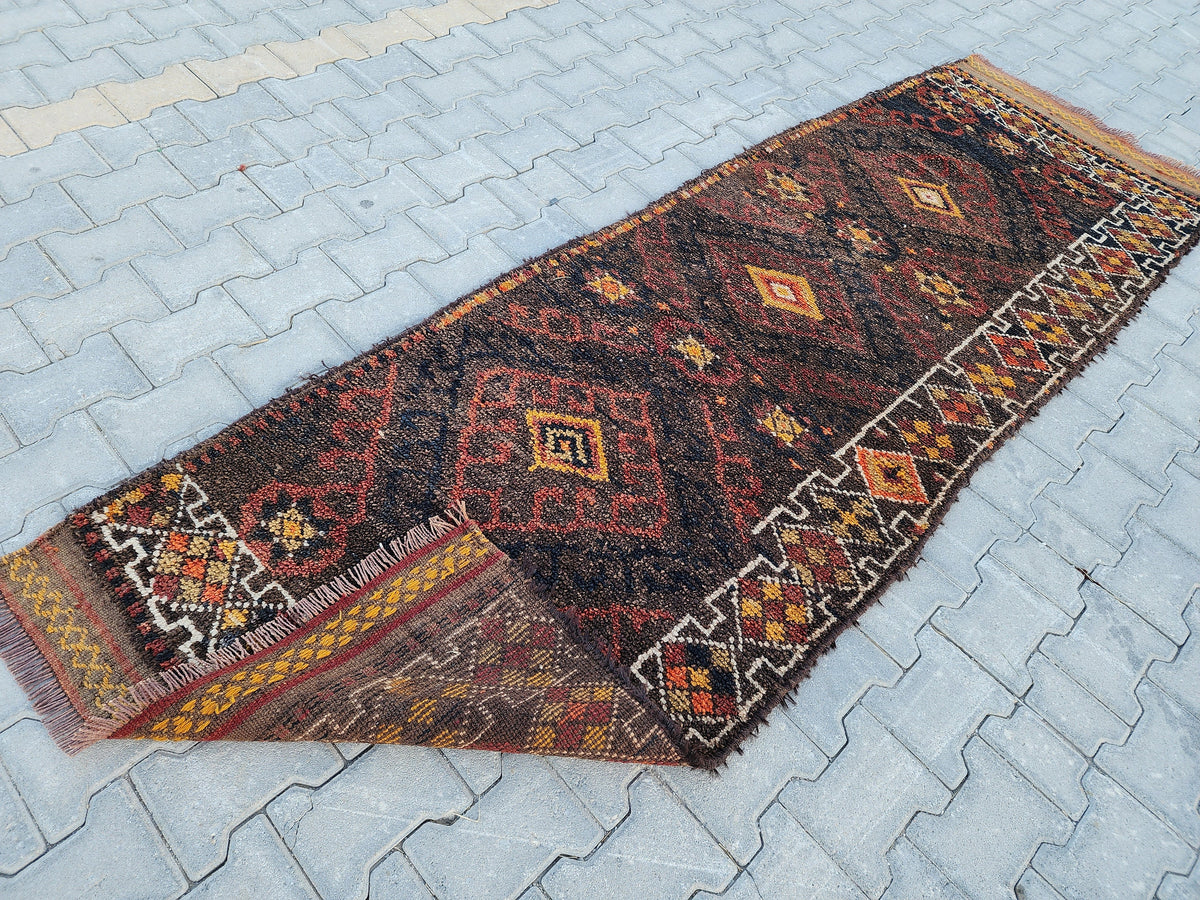 3x9 Vintage Herki Wool Runner Rug: Turkish Bohemian Hallway Rug