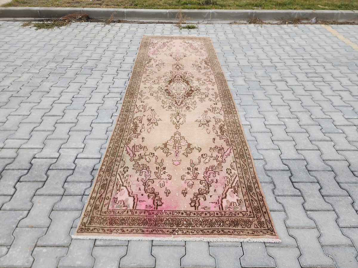 4x10 Wool Runner Rug: Vintage Hand Knotted Beige, Pink, and Brown Floral Design