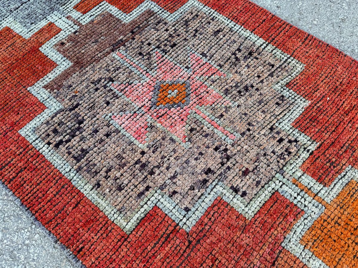 3x12 Oriental Herki Runner: Vintage Handwoven Wool in Burnt Orange & Brown with Geometric Motifs