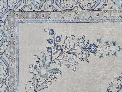 Hand Knotted Wool Area Rug 9x12: Blue Medallion and Beige Vintage Farmhouse Rug