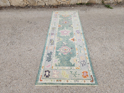 2x7 Green Oushak Runner Rug, Eco Friendly Rug, Up Cycled Wool, Kitchen Decor