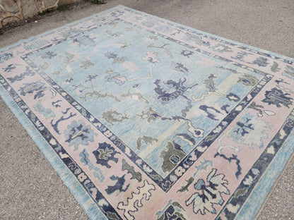 Handwoven Oushak Rug 8x10: Up Cycled Wool Carpet, Pastel Blue & Pink