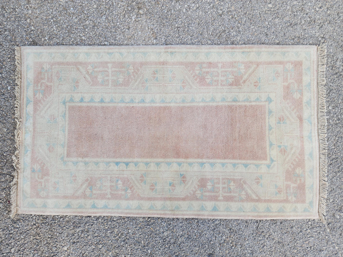 2x4 Mini Runner Rug, Oriental Hand Made Carpet For Boho Decor, Beige and Faded Red