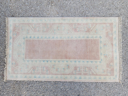 2x4 Mini Runner Rug, Oriental Hand Made Carpet For Boho Decor, Beige and Faded Red