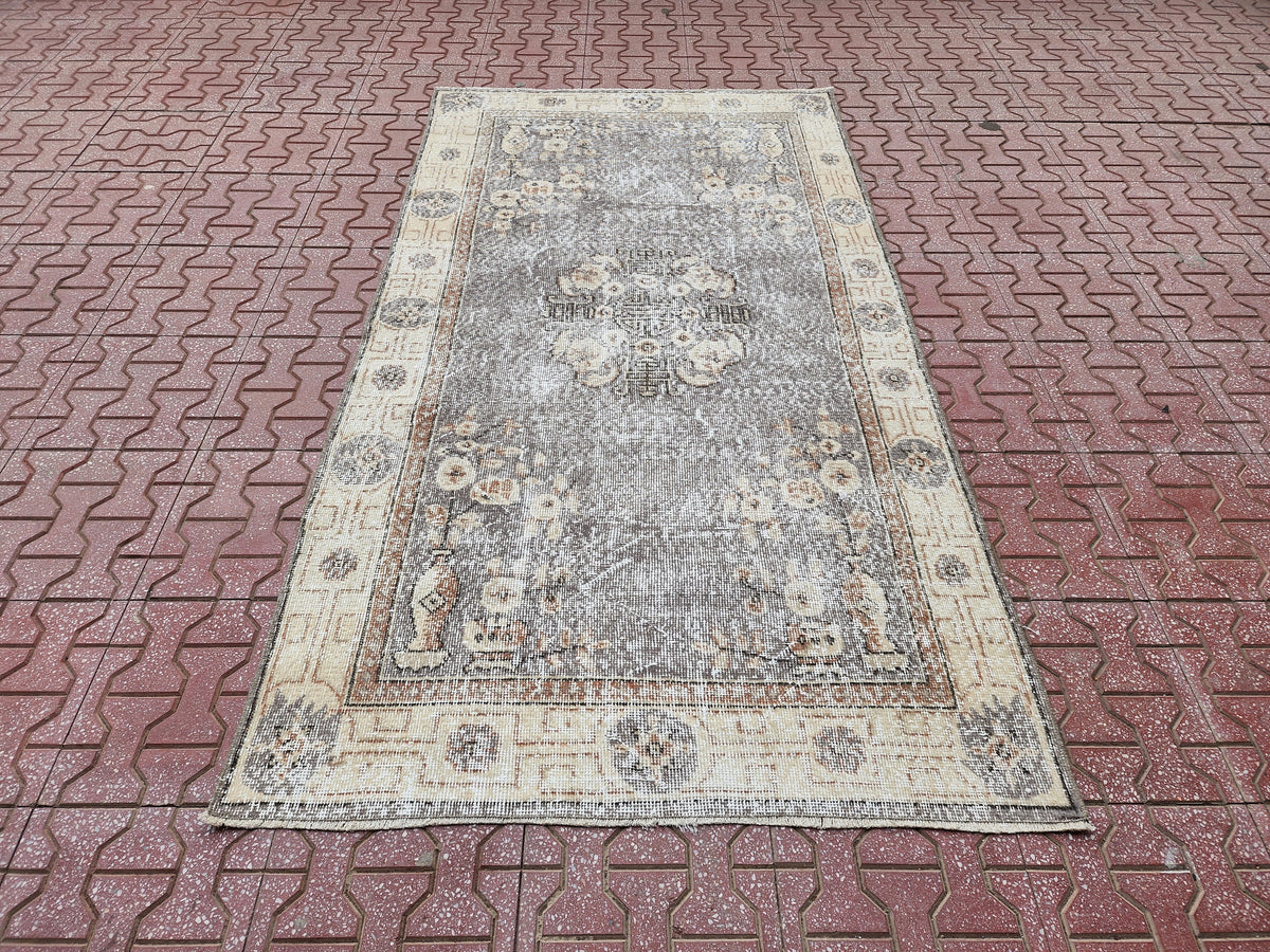 Vintage Turkish Oushak Rug 3x6: Handwoven Wool & Cotton