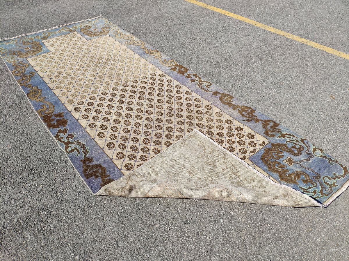 Faded Blue Turkish Runner Rug 4x11: Oriental Hallway Rug