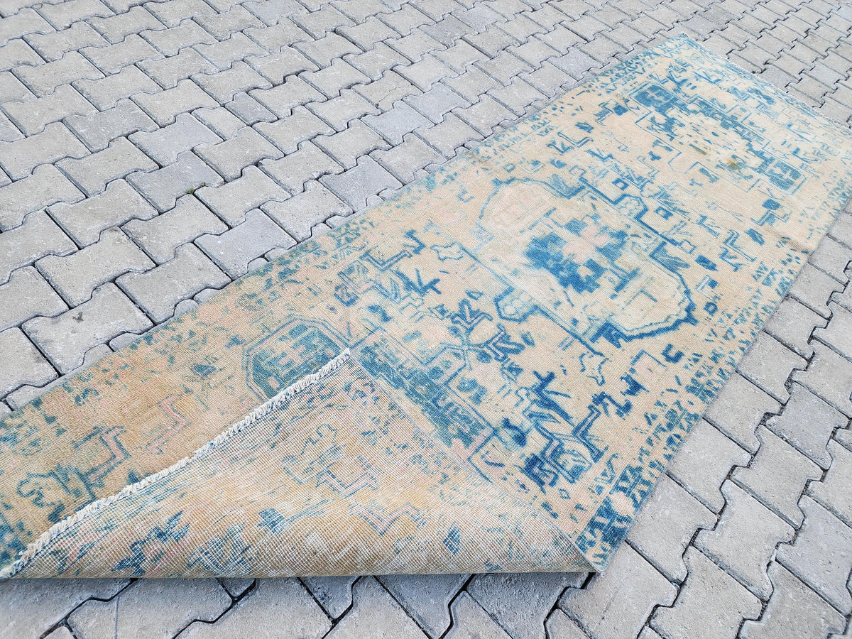 3x10 Blue Wool Turkish Runner Rug: Neutral Bohemian Hallway Decor