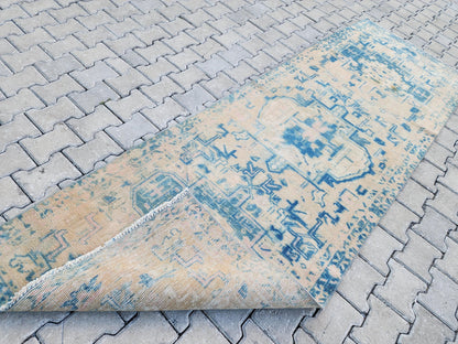 3x10 Blue Wool Turkish Runner Rug: Neutral Bohemian Hallway Decor