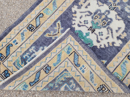 3x13 Turkish Runner, Up Cycled Wool Oushak Hand Made, Ocean Breeze Patina Blue Rug