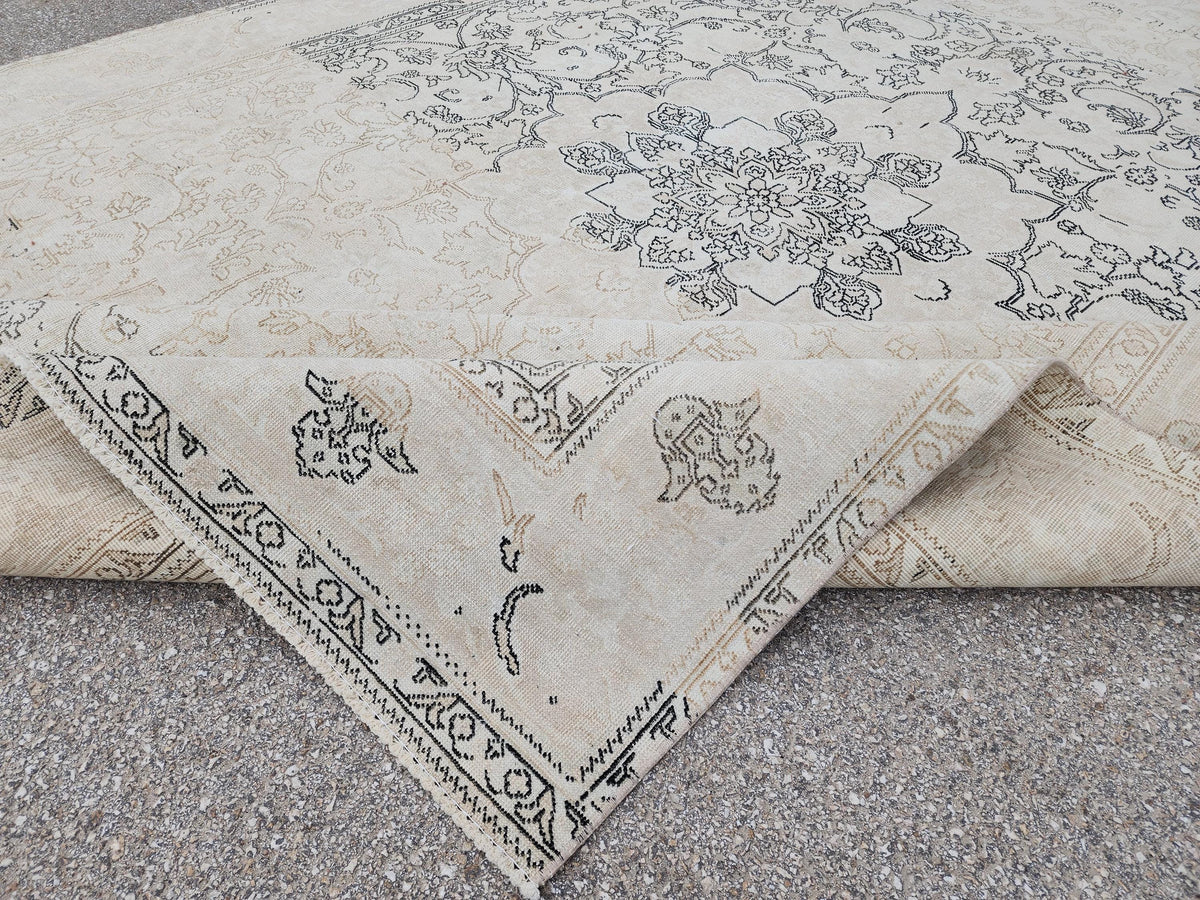 Beige Vintage Rug, 9×12, Hand-Knotted Oriental, Traditional Turkish Living Room Carpet