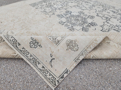 Beige Vintage Rug, 9×12, Hand-Knotted Oriental, Traditional Turkish Living Room Carpet