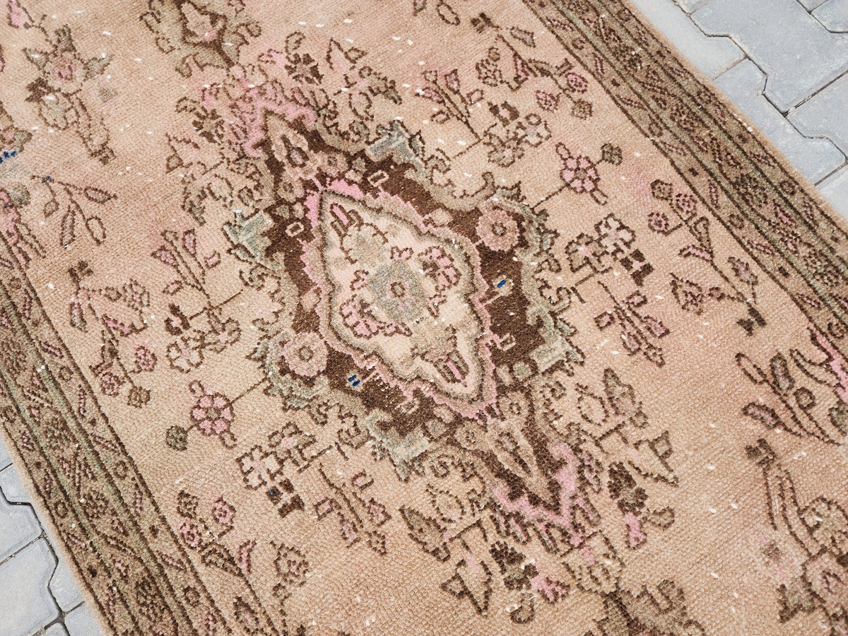 4x10 Wool Runner Rug: Vintage Hand Knotted Beige, Pink, and Brown Floral Design