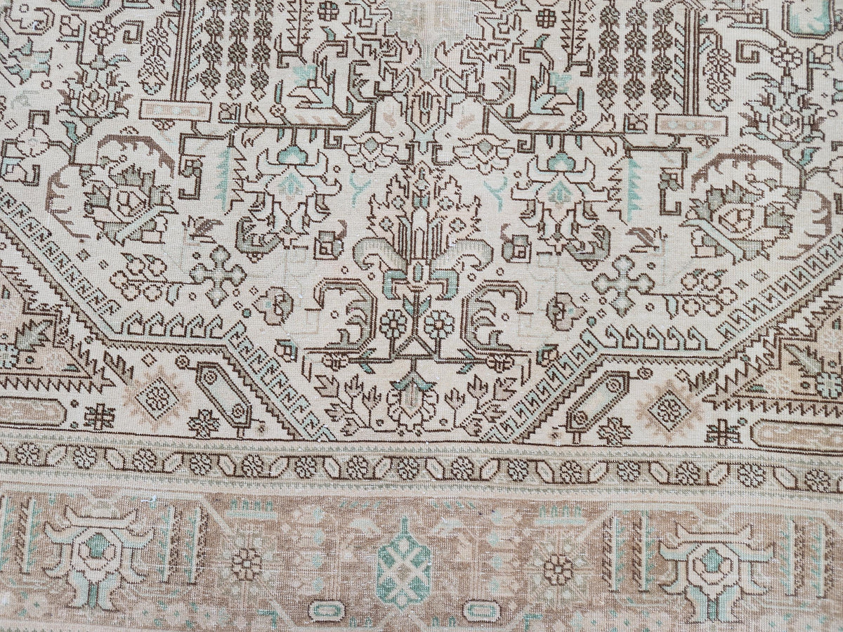 Vintage Neutral Rug 9x12, Up Cycled Wool, Hand Knotted Geometric Design, Brown and Beige