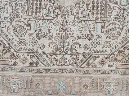 Vintage Neutral Rug 9x12, Up Cycled Wool, Hand Knotted Geometric Design, Brown and Beige