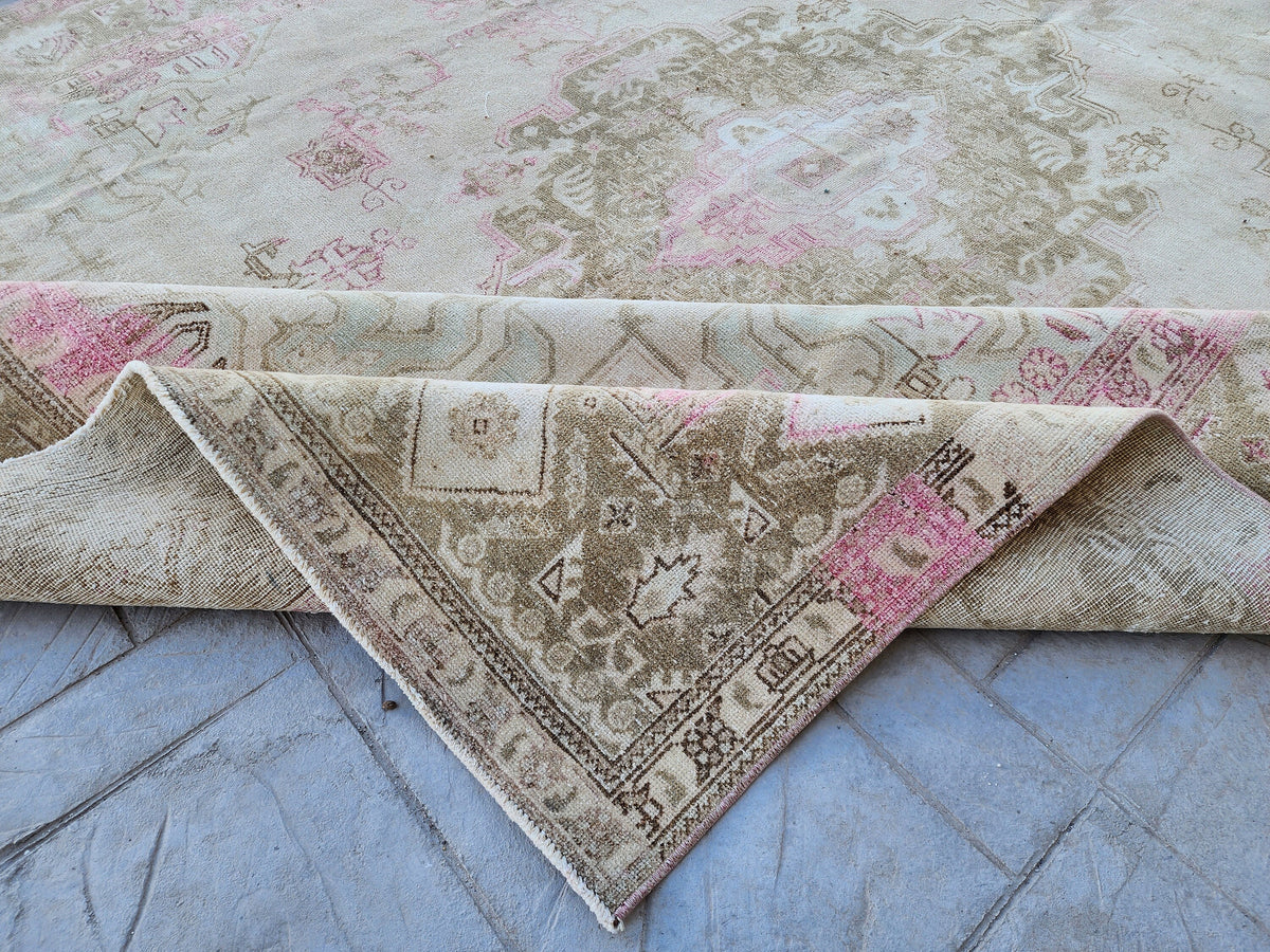 Hand Knotted Wool Vintage Rug: 10x13 Neutral Pink Cream Oversized Area Rug