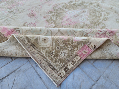 Hand Knotted Wool Vintage Rug: 10x13 Neutral Pink Cream Oversized Area Rug