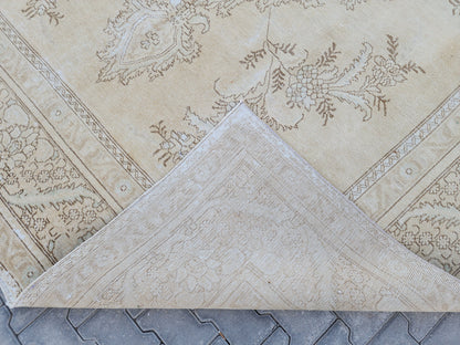 Vintage Oushak Rug 9x12: Beige & Gray Hand-Knotted Turkish Rug