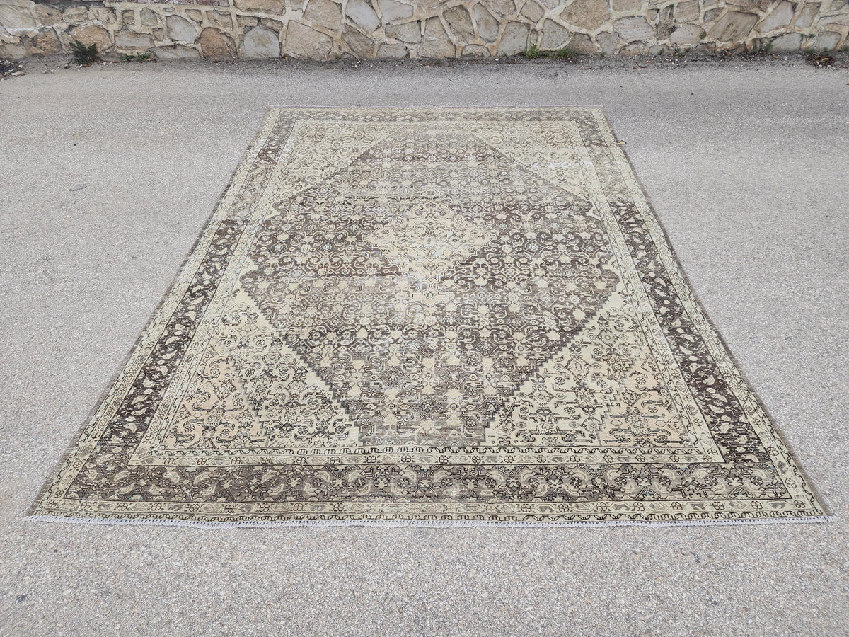 9x12 Traditional Vintage Rug: Geometric Brown Wool Design, Hand Knotted