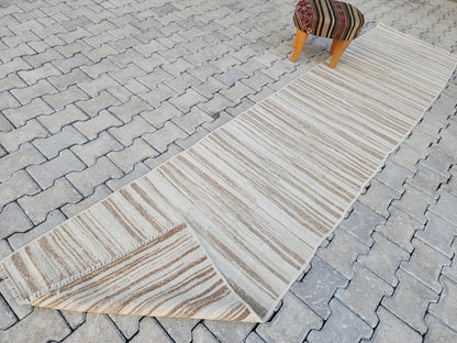 Neutral Turkish Kilim Runner 2x11, Kitchen Bohemian Decor, Eco Friendly Rug