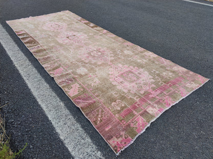 4x11 Turkish Runner Rug: Brown Abstract Hallway Carpet