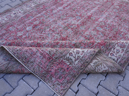 Vintage Turkish Oushak Rug 7x10: Handwoven Wool & Cotton Faded Red Rug