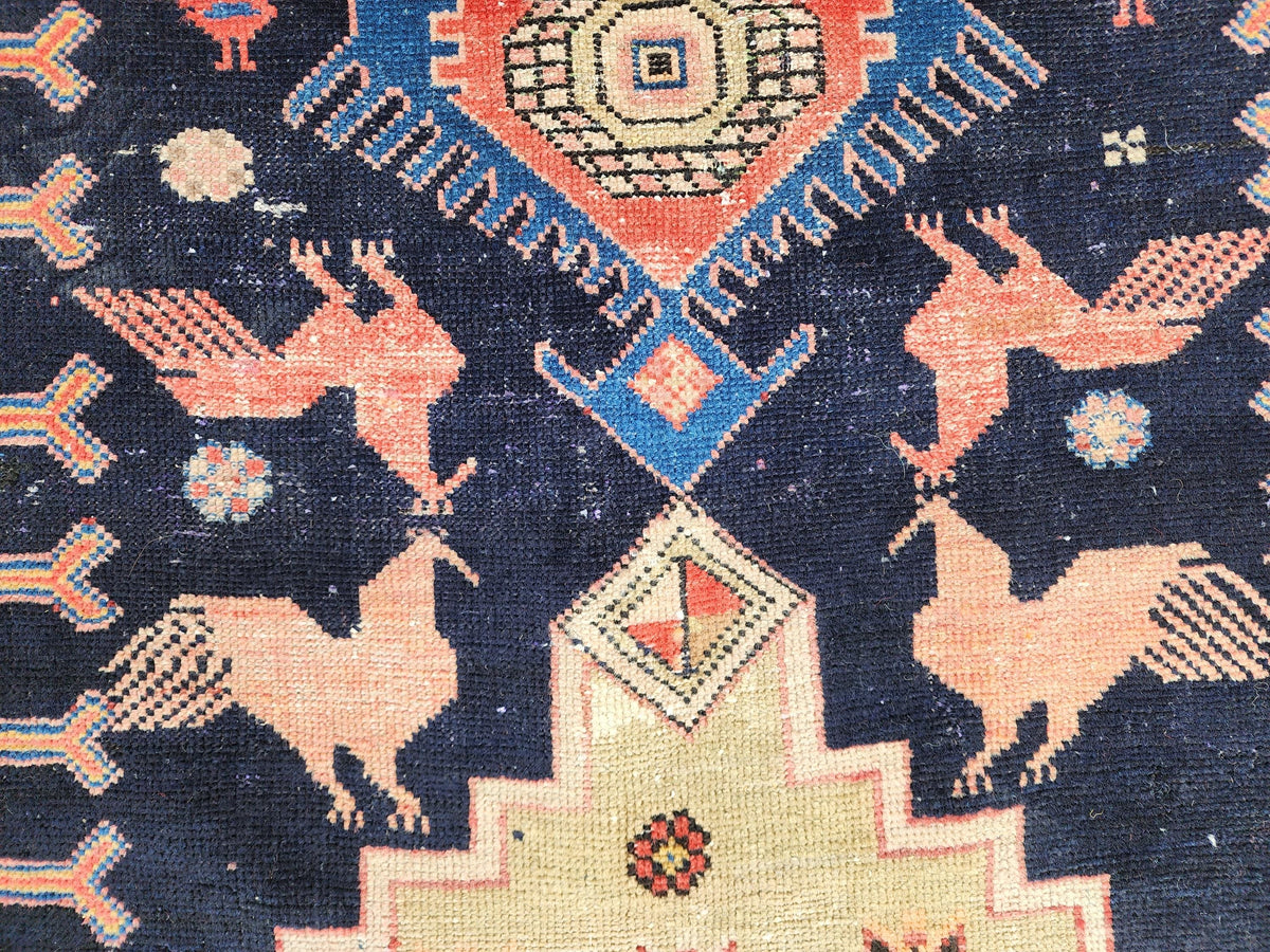 3.7x9.7 Vintage Caucasian Runner Rug, 1950s Handwoven Wool Carpet, Animal Motif Navy Red Tribal Design