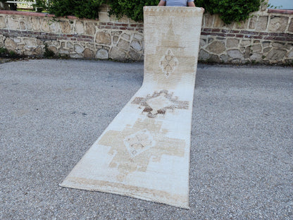 Neutral Turkish Runner Rug 3x12: Handcrafted Oushak Rug