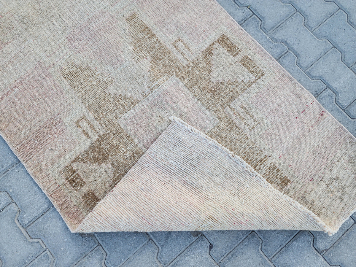 3x11 Turkish Runner Rug: Hand Woven Wool Neutral Beige with Subtle Geometric Pattern