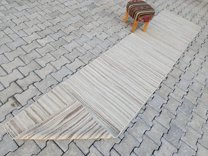 2.7x11 Vintage Turkish Kilim Rug: Neutral Handwoven Wool Hallway Runner