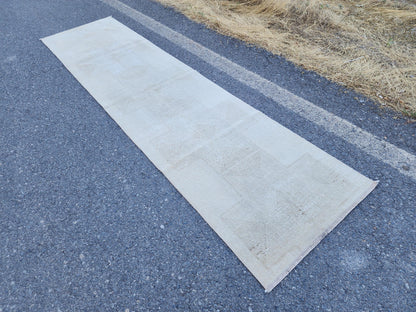 Hand Made Runner Rug 2.7 x 11.4 ft, Turkish Neutral Muted Wool Runner, Kitchen Runner