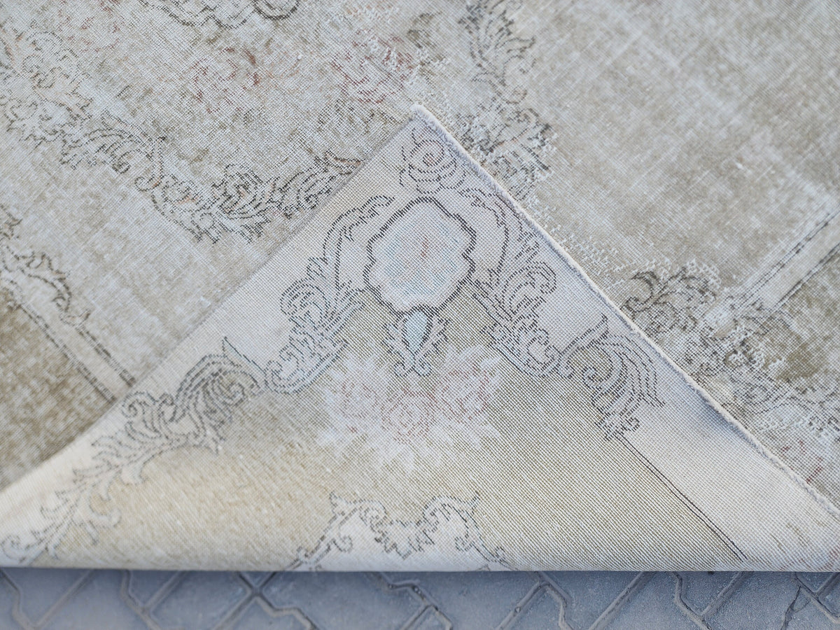 Neutral Oushak Rug 7x10: Green Faded Handwoven Area Rug