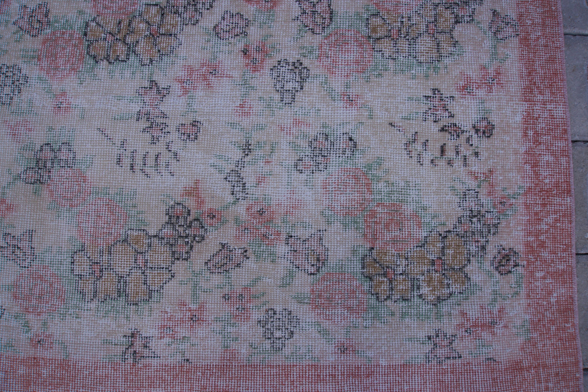 7x10 Neutral Rug, Hand Woven Beige and Faded Red Wool, Living Room Decor