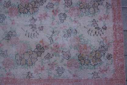 7x10 Neutral Rug, Hand Woven Beige and Faded Red Wool, Living Room Decor