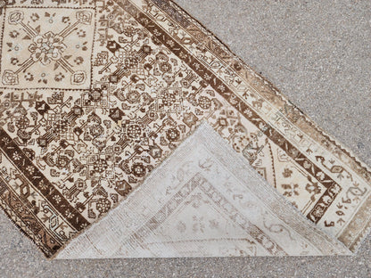 4x10 Neutral Brown Runner Rug, Hand Knotted Rustic Decor, Persian Boho Design