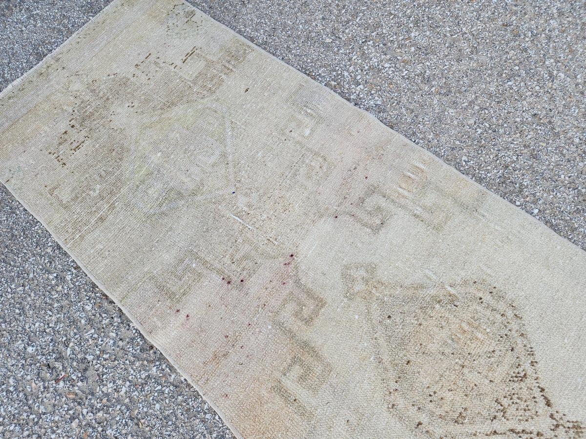 Hand Knotted Turkish Runner Rug 2x9: Neutral Geometric Farmhouse Decor