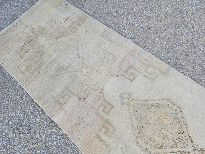 Hand Knotted Turkish Runner Rug 2x9: Neutral Geometric Farmhouse Decor
