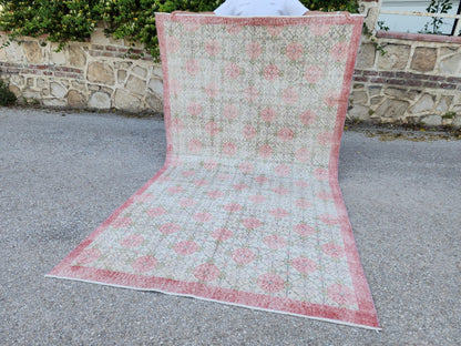 5x9 Vintage Area Rug, Turkish Wool Hand Knotted, Faded Red And Green Carpet