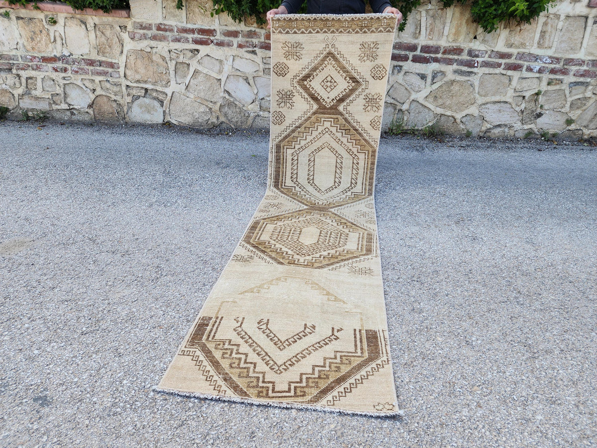 Neutral Turkish Runner Rug 2x9: Vintage Hallway Rug
