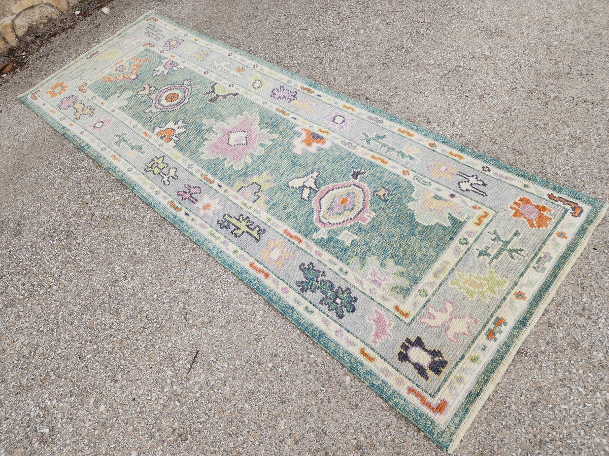 2x7 Green Oushak Runner Rug, Eco Friendly Rug, Up Cycled Wool, Kitchen Decor