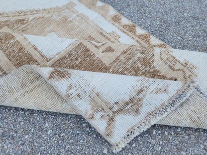 3x12 Neutral Runner Rug, Geometric Turkish Hand Made Design, Beige and White