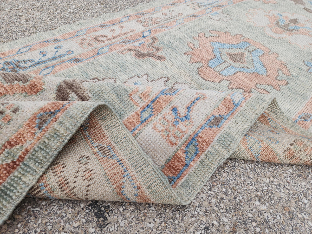 3x13 Oushak Runner Rug: Handwoven Turkish Wool, Soft Green, Eco Friendly