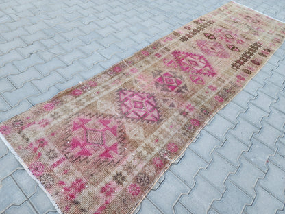 3x11 Vintage Runner Rug : Herki Handwoven Wool, Pink & Brown
