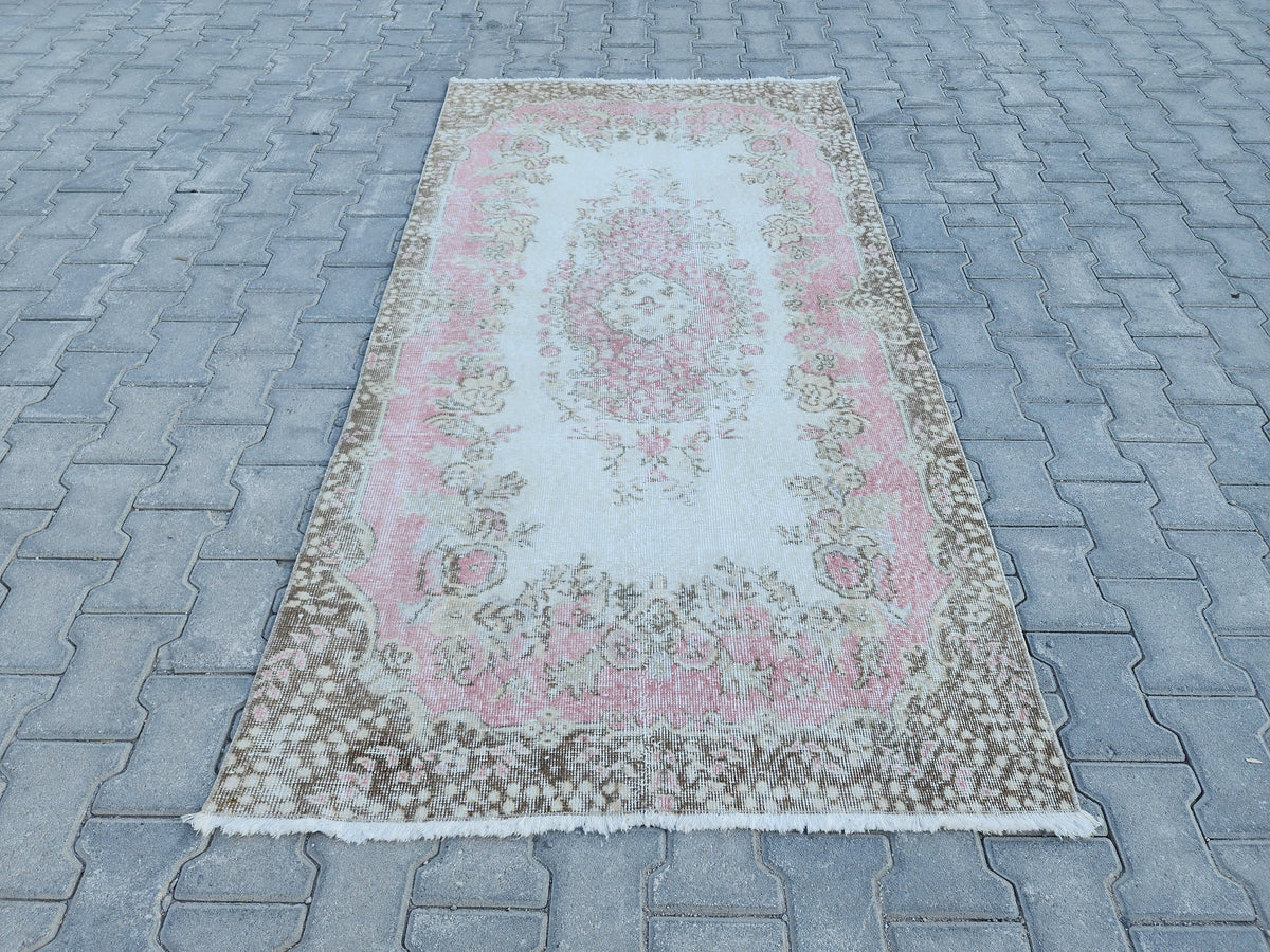 Handwoven Turkish Oushak Rug 4x7: Pink Rose Wool Rug