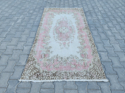 Handwoven Turkish Oushak Rug 4x7: Pink Rose Wool Rug