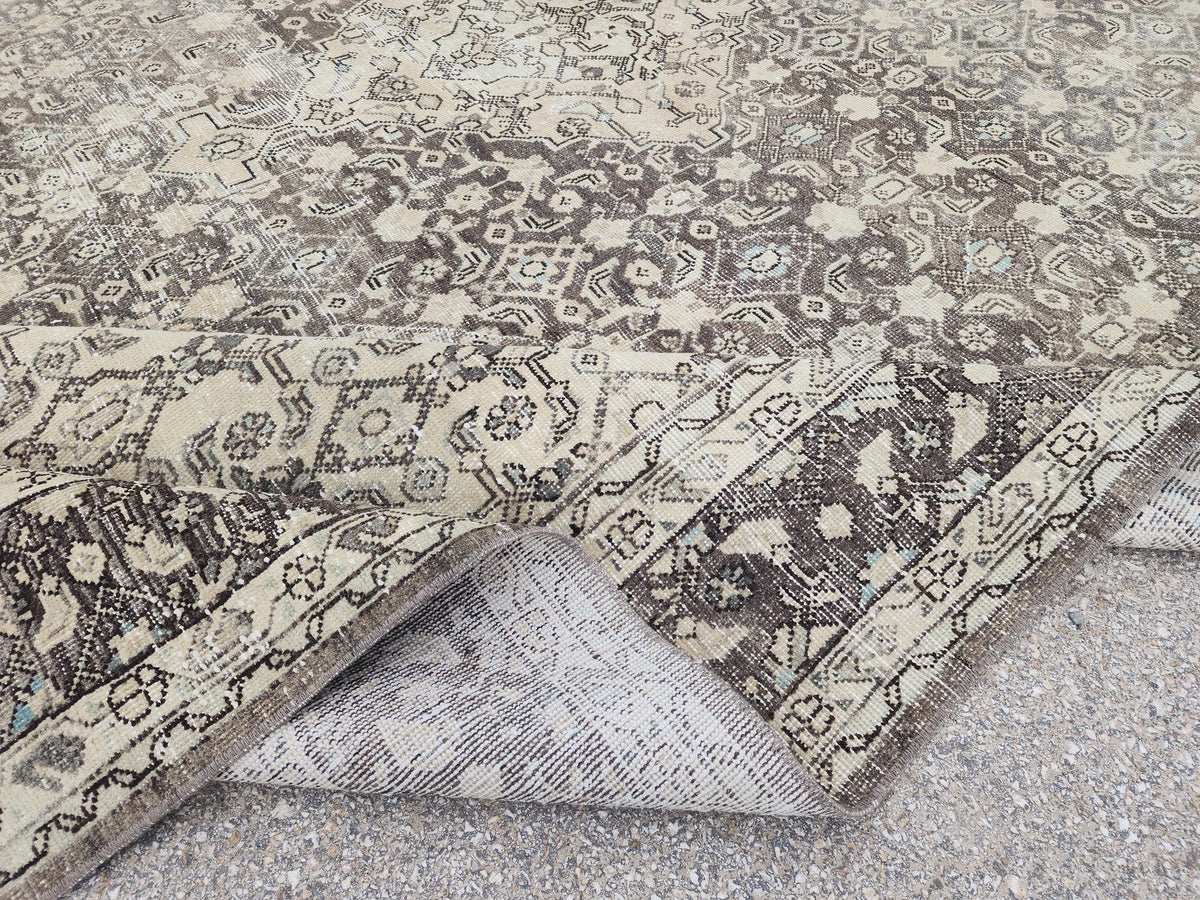 9x12 Traditional Vintage Rug: Geometric Brown Wool Design, Hand Knotted