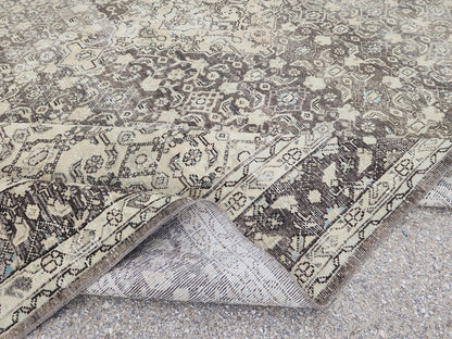 9x12 Traditional Vintage Rug: Geometric Brown Wool Design, Hand Knotted