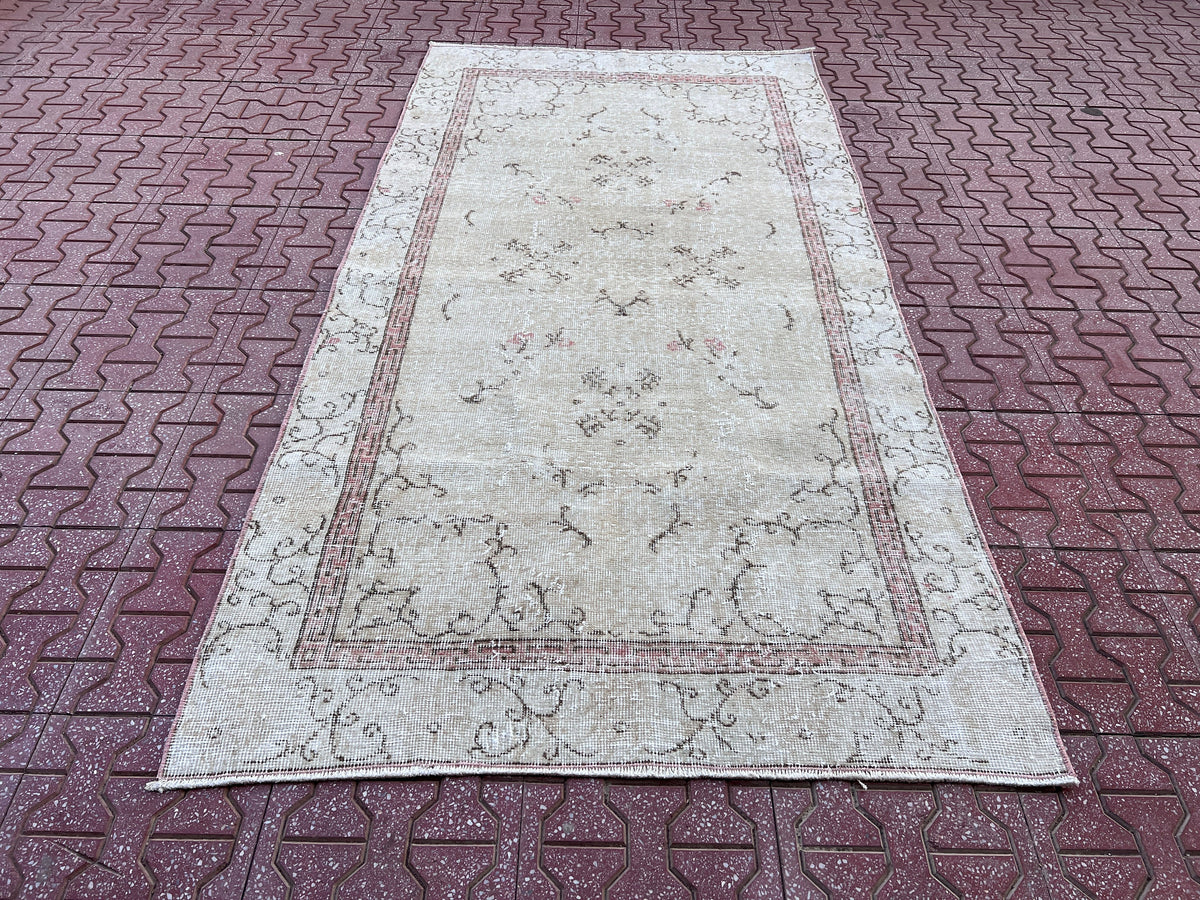 Handwoven Turkish Oushak Rug 4x7: Neutral Bohemian Wool Rug